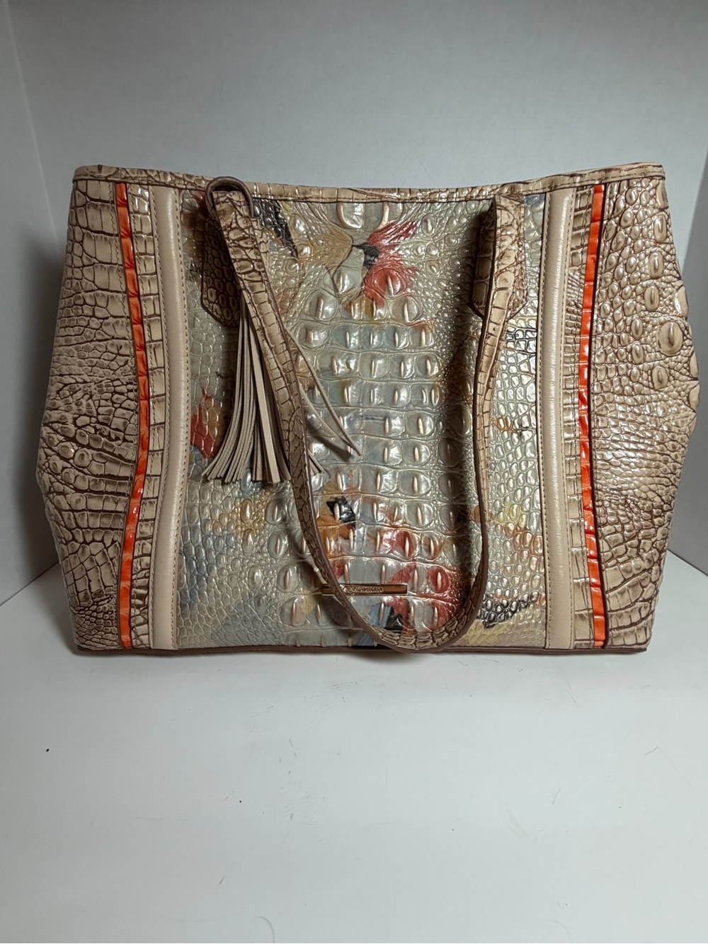 Brahmin Neutral Croc-Embossed Tote with Orange Trim and Cardinal Detail